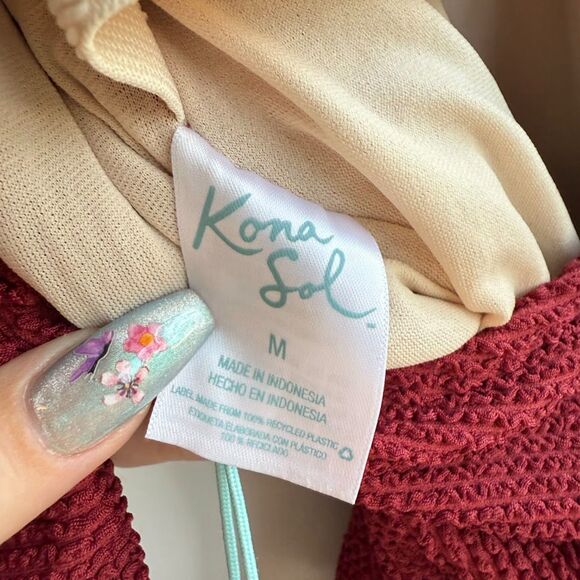 Kona Sol Crinkle Ribbed Scoop Tie Back Swimsuit in Burgundy Red Size Medium NWT - Picture 9 of 12